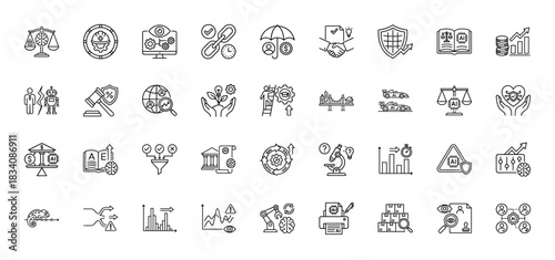 Artificial intelligence, blockchain, and financial technology line icon set. Vector pictograms of machine learning, security, and digital law, thin linear illustration.