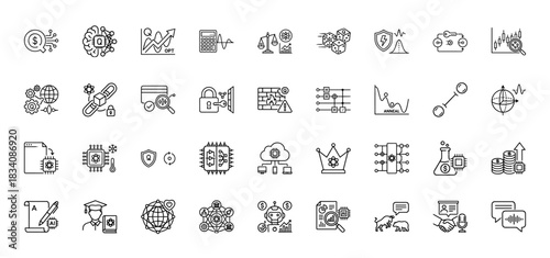 Fintech and artificial intelligence line icon set. vector pictograms of digital finance, neural networks, blockchain, and data analysis, thin linear illustration.