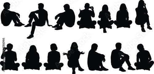 Set of Sitting People Silhouettes, Men and Women Resting, Taking Photos, Talking, Relaxing Outdoors, Black Vector Illustration Collection