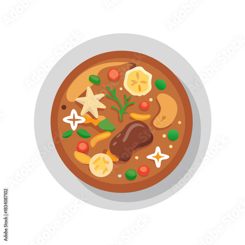 Bowl of Festive Soup with Star and Flower Garnishes.