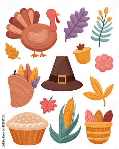 Thanksgiving Feast: A delightful collection of festive elements captures the spirit of Thanksgiving, presenting a vivid cornucopia of culinary and cultural treasures.