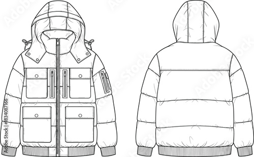 Black and white fashion flat sketch of a hooded puffer jacket with multiple pockets