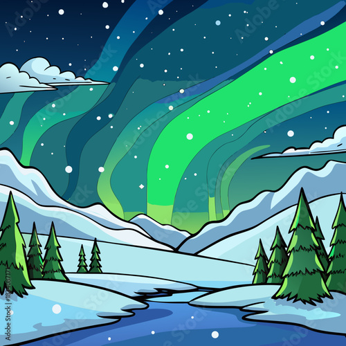 Cartoon Northern Lights Over Snowy Mountains and Pine Trees.