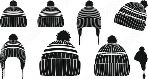 Set of Winter Beanie Hats with Pom-Poms, Knitted Cap Collection in Black and White Silhouette, Cold Weather Headwear Vector Illustration for Fashion and Seasonal Design