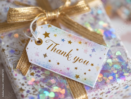Thank you message on a glittery gift box with golden ribbon