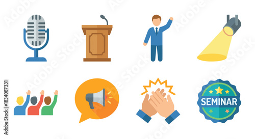 Public speaking and seminar flat icons set