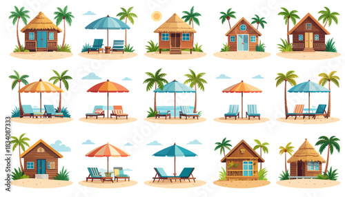 A collection of cartoon beach huts and tropical vacation scenes with umbrellas and lounge chairs on sandy beaches.