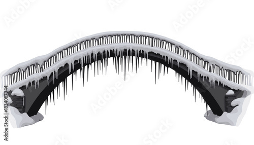 Icy bridge covered with snow and icicles in winter landscape  