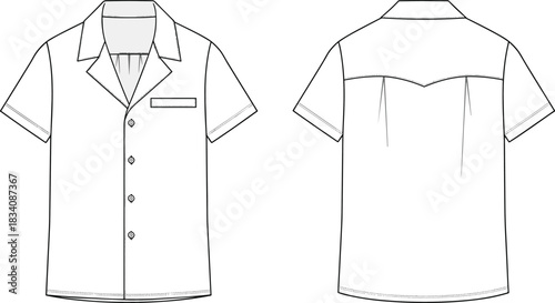 Black and white technical drawing of a short sleeve button up shirt front and back