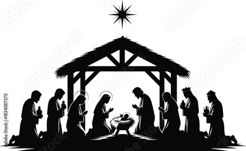Black silhouette nativity scene with wise men and star black and white Christmas