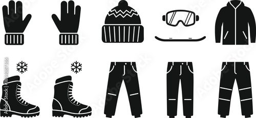 Set of Winter Sports and Cold Weather Apparel Icons, Gloves, Knit Hat, Ski Goggles, Snow Boots, Snowboard Jacket and Pants, Black Vector Silhouette