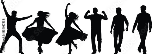 Black silhouettes of people dancing walking and celebrating on white background woman