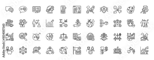 Business and finance line icon set. Vector pictograms of charts, money, investment, security, and global growth, thin linear illustration.