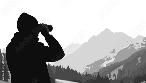 Silhouette of man observing mountains with binoculars outdoors  