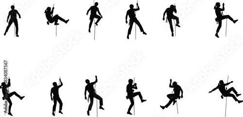 Black silhouettes of people rappelling and climbing ropes on white background person