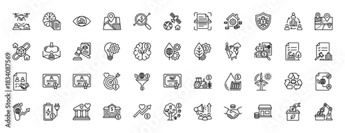 Sustainable development line icon set. vector pictograms of drone, brain, eye, map, satellite, document, security, agriculture, and recycling, thin linear illustration.