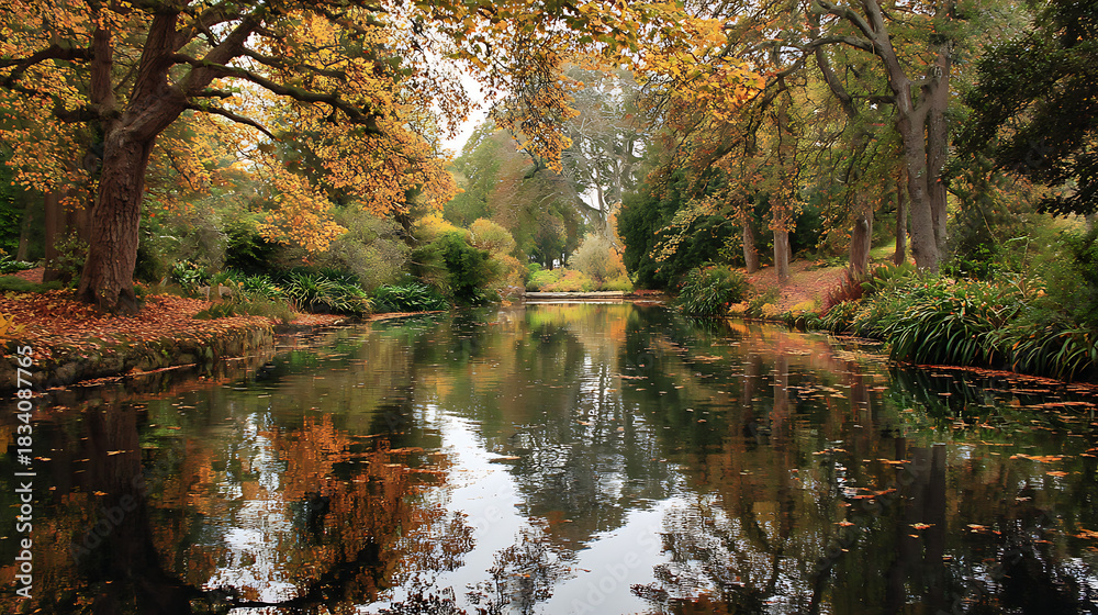 Fototapeta premium A tranquil pond reflecting the surrounding autumn trees in its still waters (3)