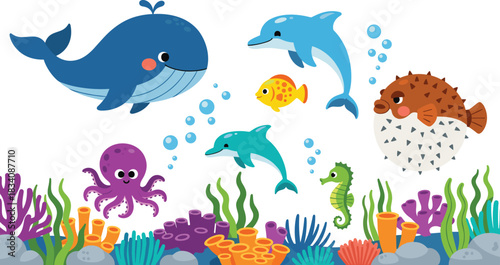 Cartoon ocean life with whale dolphin octopus pufferfish seahorse and coral vector
