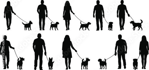 Silhouette of diverse people walking small dogs on leashes, flat vector illustration set for pet care, dog walking service, and domestic animal themes.