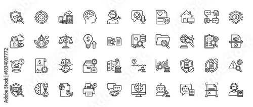 Legal technology and artificial intelligence line icon set. Vector pictograms of security, justice, brain, and data, thin linear illustration.