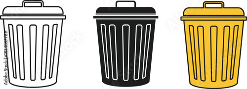 Trash can icon set, garbage bin silhouettes, recycle waste container symbols, black, white, yellow colors, eco cleanup, deleted file concept, minimalist flat vector design pack.