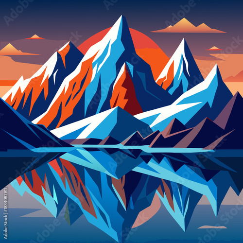 Geometric Mountain Peaks Reflected in Calm Lake Waters.