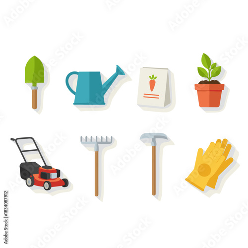 Gardening tools flat vector icons set