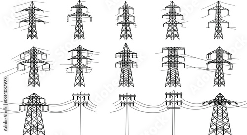 Collection of black and white line drawings of electrical pylons and utility poles