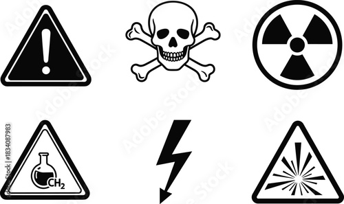 Hazard warning icon set, danger symbols collection, skull and crossbones, radiation sign, high voltage lightning, chemical CH2 flask, explosion warning, black and white flat vecto