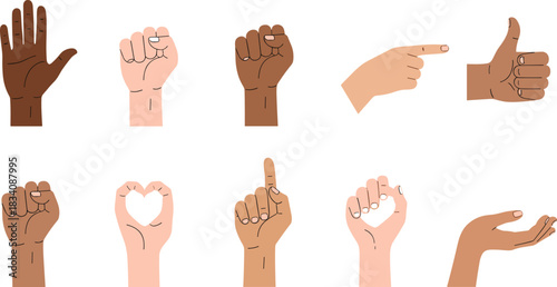 Inclusive hand gestures, diverse skin tones, cartoon signs, nonverbal communication, symbolic poses, ASL illustration, expressive hands, cultural representation, unity
