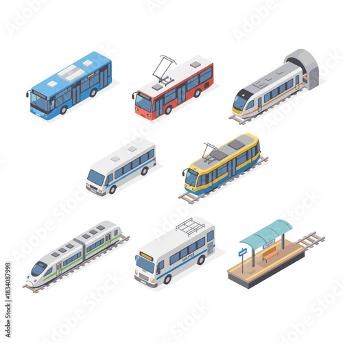 Public transportation isometric vehicles and station platform