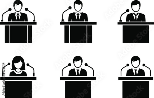 Public speaker podium icon set, business leadership speech silho