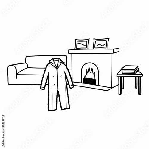 Illustration of a Trench Coat in a Cozy Living Room Setting.