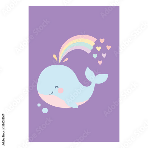 Rainbow Whale Spouting Hearts Wall Art, Girl Room Decoration Print, Modern Nursery Wall Art, Kids Room Decor Printable, Pastel Baby Girl illustration, Playroom Poster ClipArt