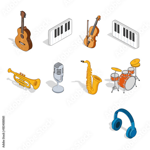 Music instruments and accessories isometric icons set