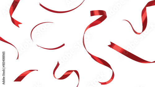 Red ribbon curls, festive decoration, shiny streamers, celebration props, gift wrap elements, holiday texture, dynamic shapes, satin swirl, party accents