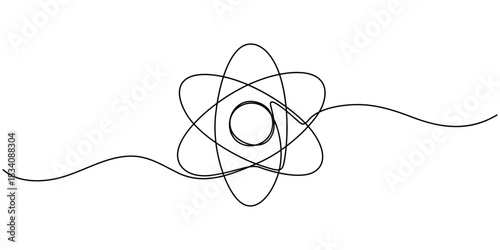 Continuous one line drawing atom or proton nucleus sign symbol isolated vector illustration, Atom symbol line art illustration, Continuous Line Drawing of Science Icon. science icon continuous one.