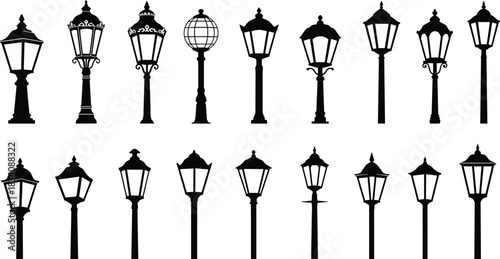 Collection of black silhouette vintage street lamps and lampposts vector