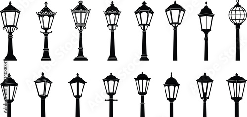 Collection of black silhouette vintage street lamp designs on white background lamp post