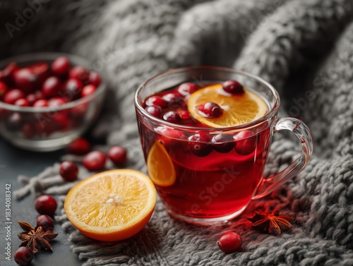 Red spicy Christmas mulled wine with cranberries and orange on cozy background