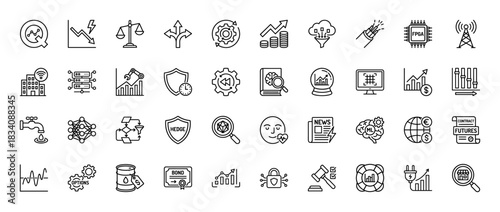Finance and trading line icon set. Vector pictograms of stock chart, bond certificate, oil barrel, and algorithm, thin linear illustration.