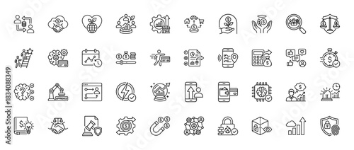 Finance and business line icon set. vector pictograms of investment, strategy, calendar, wallet, and security, thin linear illustration.