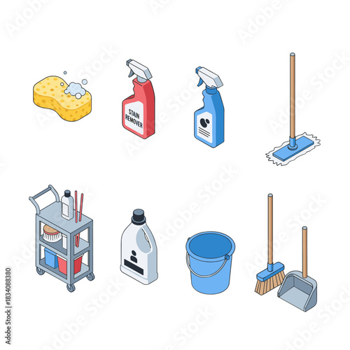 Cleaning supplies and tools isometric illustration
