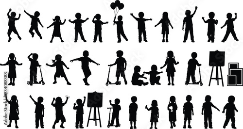 Collection of black silhouettes of children in various poses and activities white background