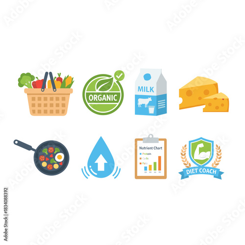 Food and nutrition illustrated icons set