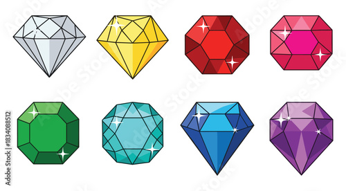Collection of eight faceted gemstones in various colors on white background jewel