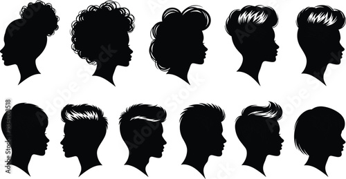 Collection of diverse black silhouettes of human profiles with various hairstyles