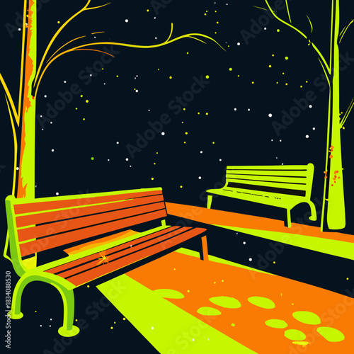 Night Park Benches Under Starry Sky Illustration.