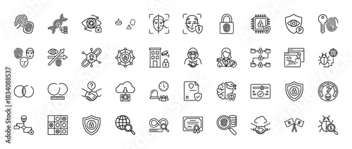 Cyber security and protection line icon set. Vector pictograms of fingerprint, dna, facial recognition, lock, and shield, thin linear illustration.