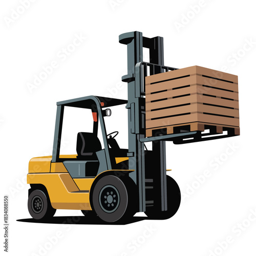 A forklift lifting a wooden pallet, minimal look, transparent background.